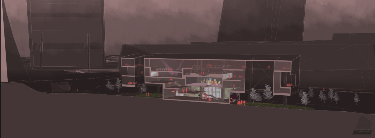 Section drawing showing horizontal volumes with planted terraces and street trees at dusk