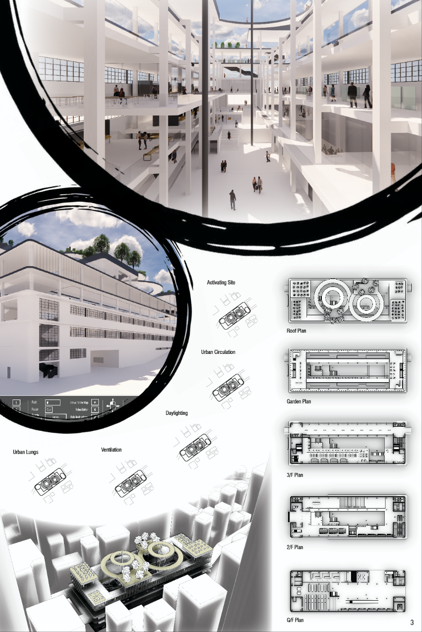 Interior and sectional views highlighting open vertical circulation, daylight strategy, and programmatic layering of the eco market.