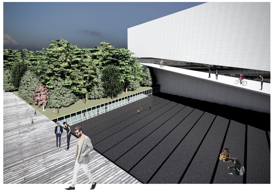 A sunken plaza and elevated pathway invite interaction between nature, architecture, and community.