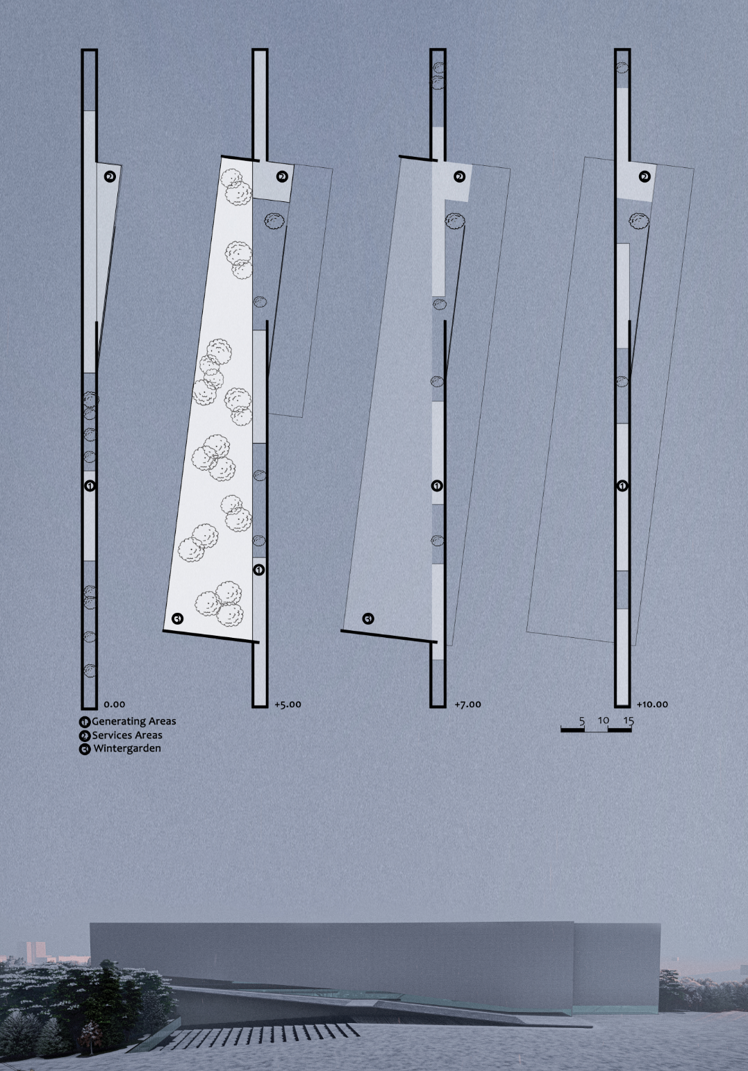 Layered floor plans define spaces for generation, services, and the seasonal winter garden.