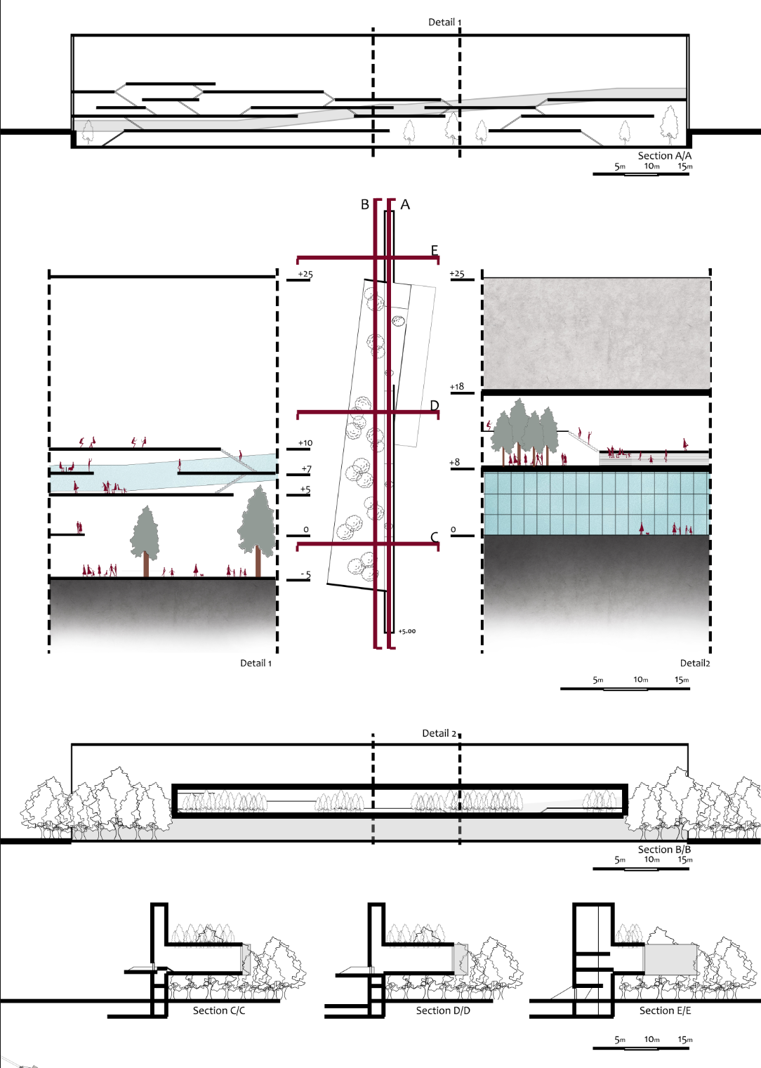 Sectional views reveal the spatial logic behind vertical coexistence and human flow.