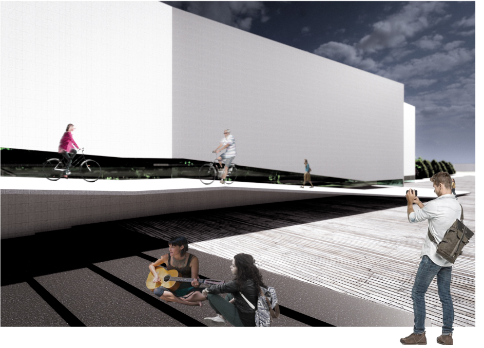 Public engagement unfolds across levels—cycling above, learning and leisure below.