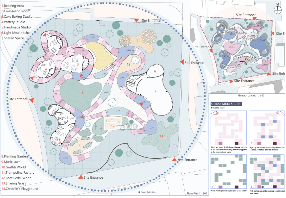 Interactive masterplan with therapeutic zones and a life-sized board game that guides users through emotional and physical experiences.