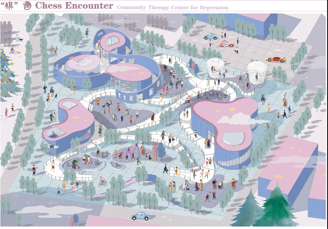 Vibrant community therapy center visualized with playful forms and active users, embodying the spirit of therapeutic architecture.