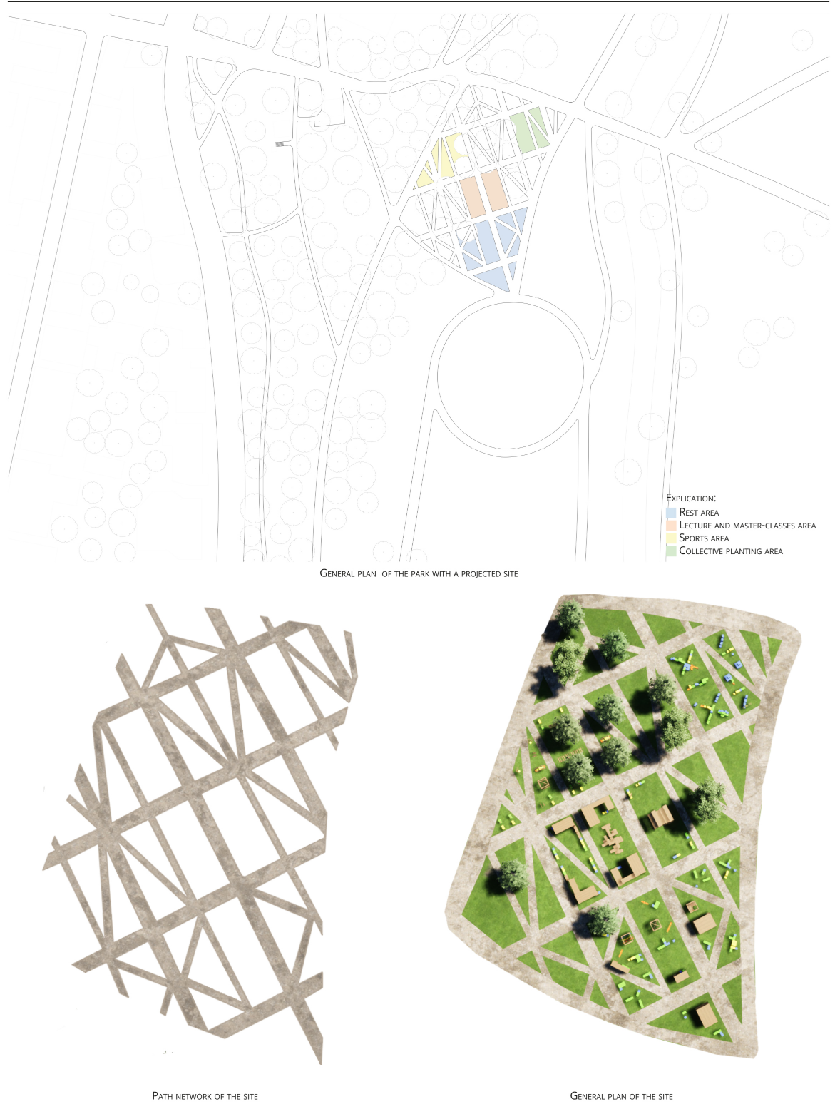 Color-coded layout showing distinct modular zones: rest, planting, sports, and learning areas.