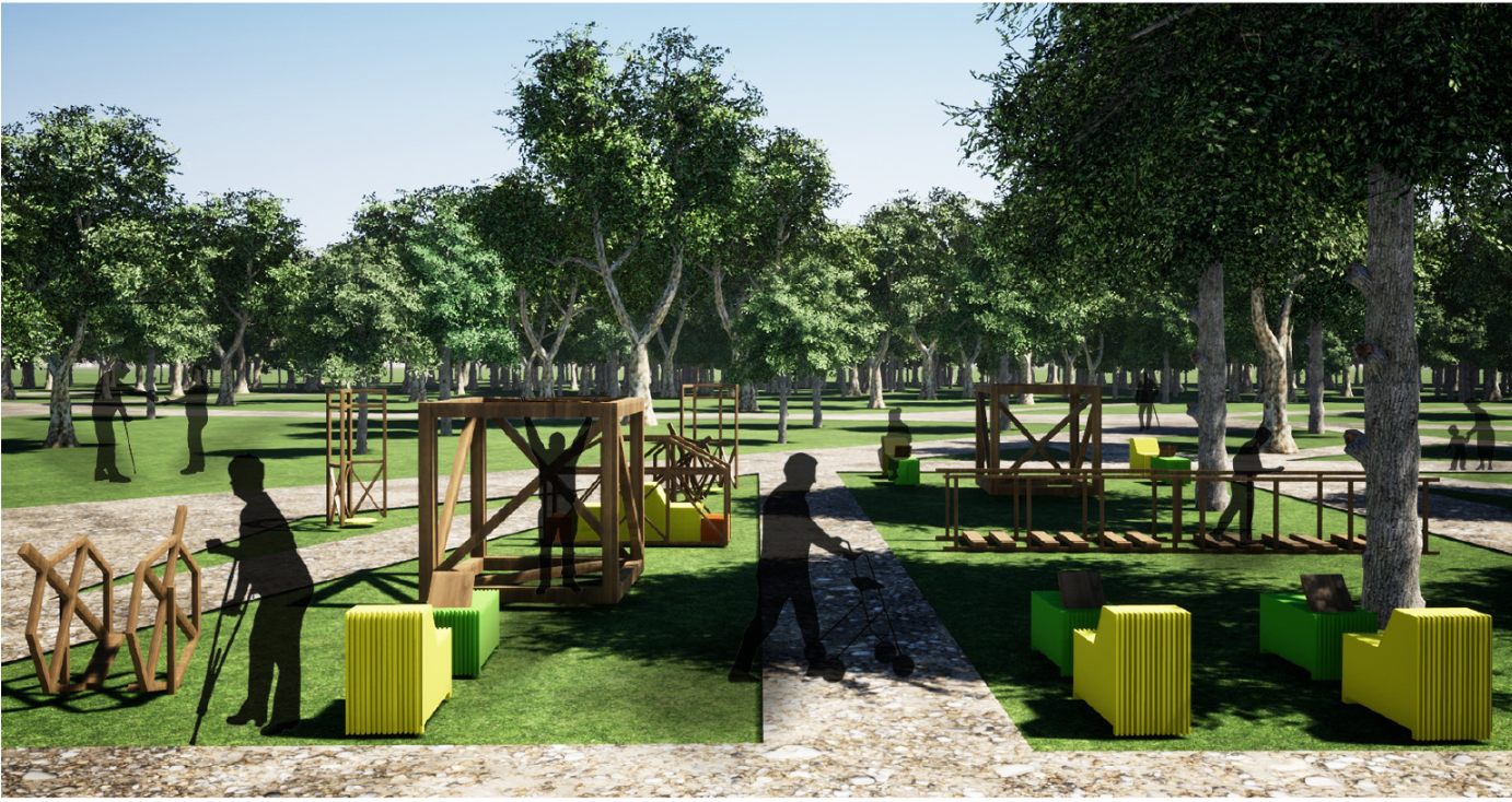 Elder-friendly workout modules integrated with wooden structures under shaded trees.