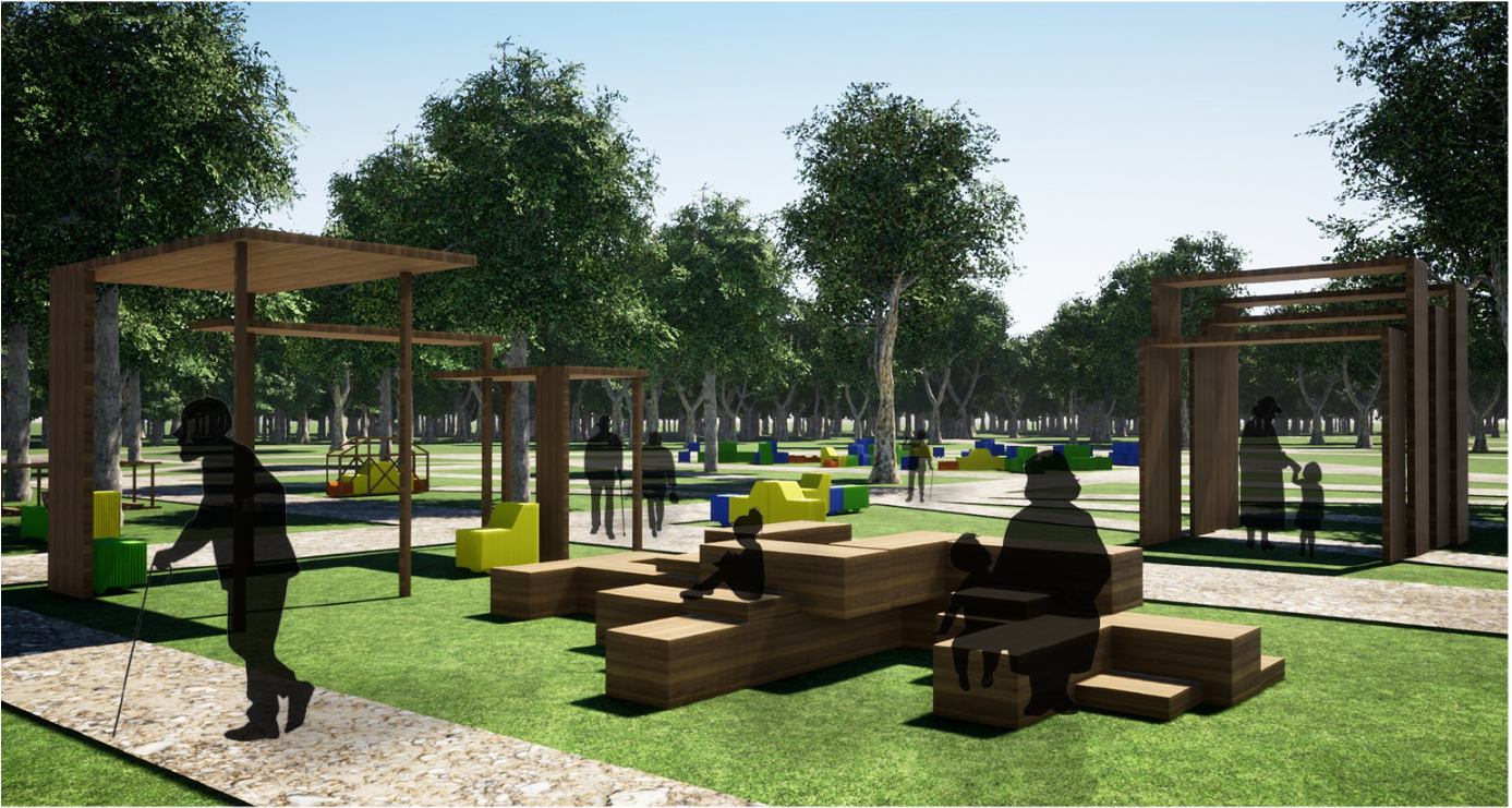 Modular wooden seating and canopies create an open platform for intergenerational dialogue.