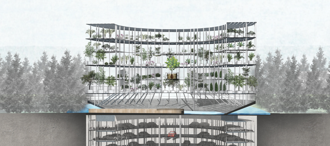 Aerial plan showing the seamless integration of the cemetery into the urban fabric, surrounded by trees and public green space.