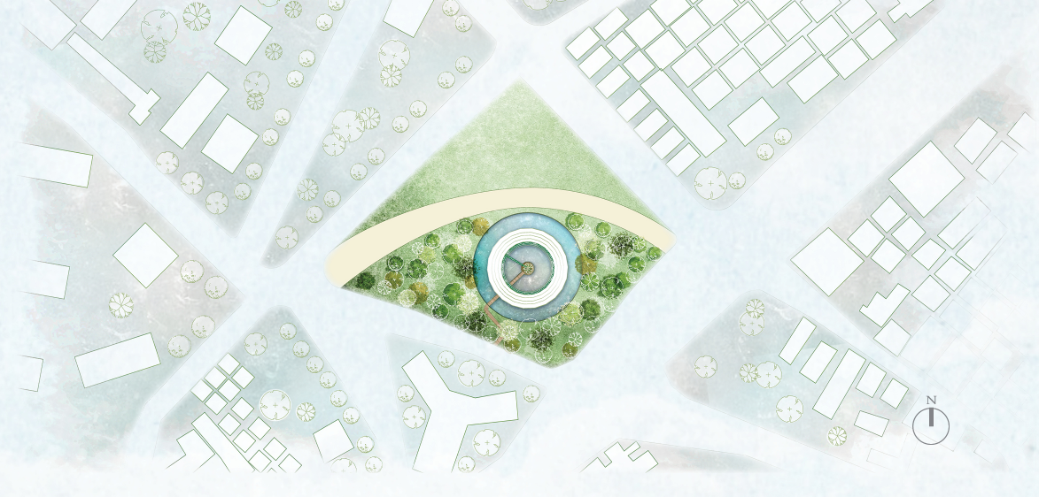 A cross-sectional view of the cylindrical tower integrating green burial pods, tree growth, and underground vehicle storage.