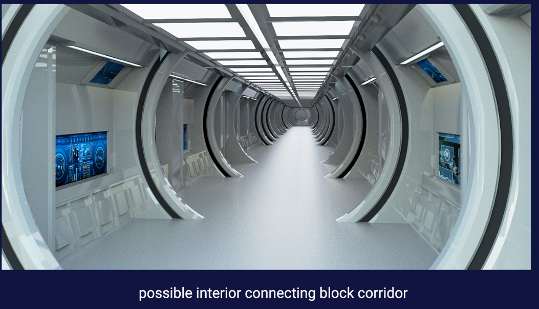 Immersive sci-fi-style corridor connecting functional blocks within the ITCS-Arena.