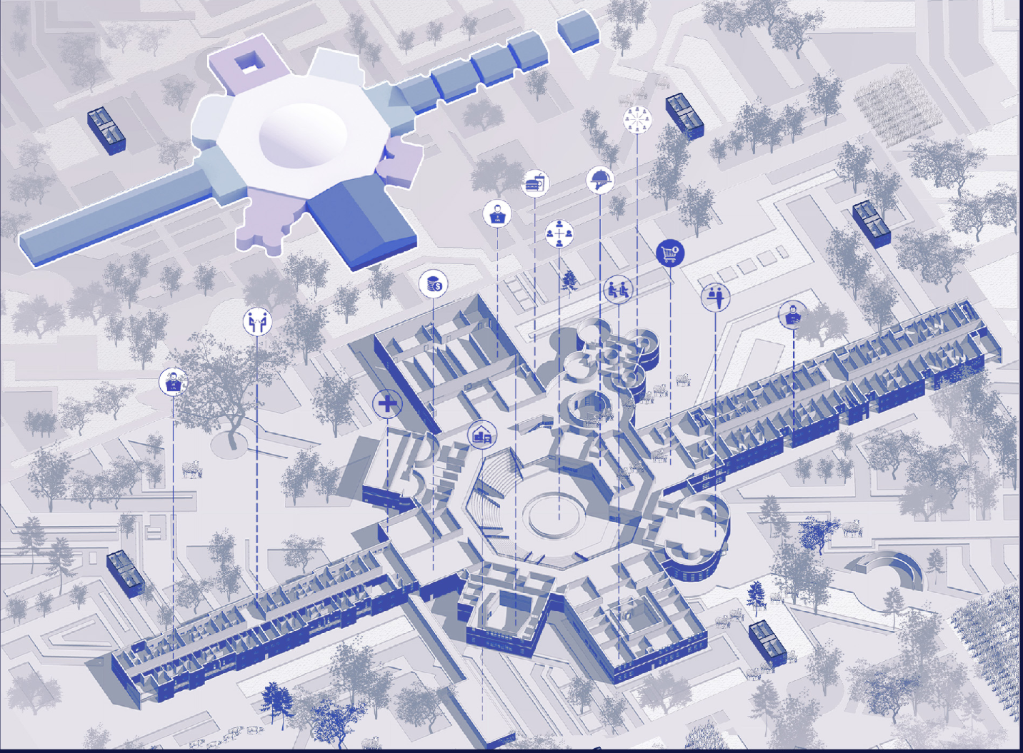 Axonometric view revealing the interconnected layout and functions of the cyber arena complex.