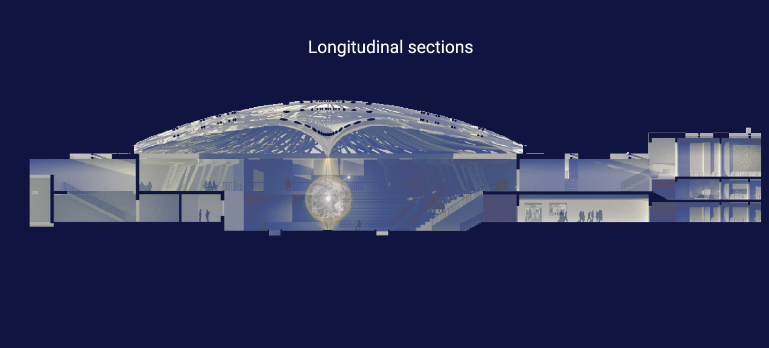 Futuristic interiors with holographic stage lighting and AI-driven workspaces designed for digital athletes.