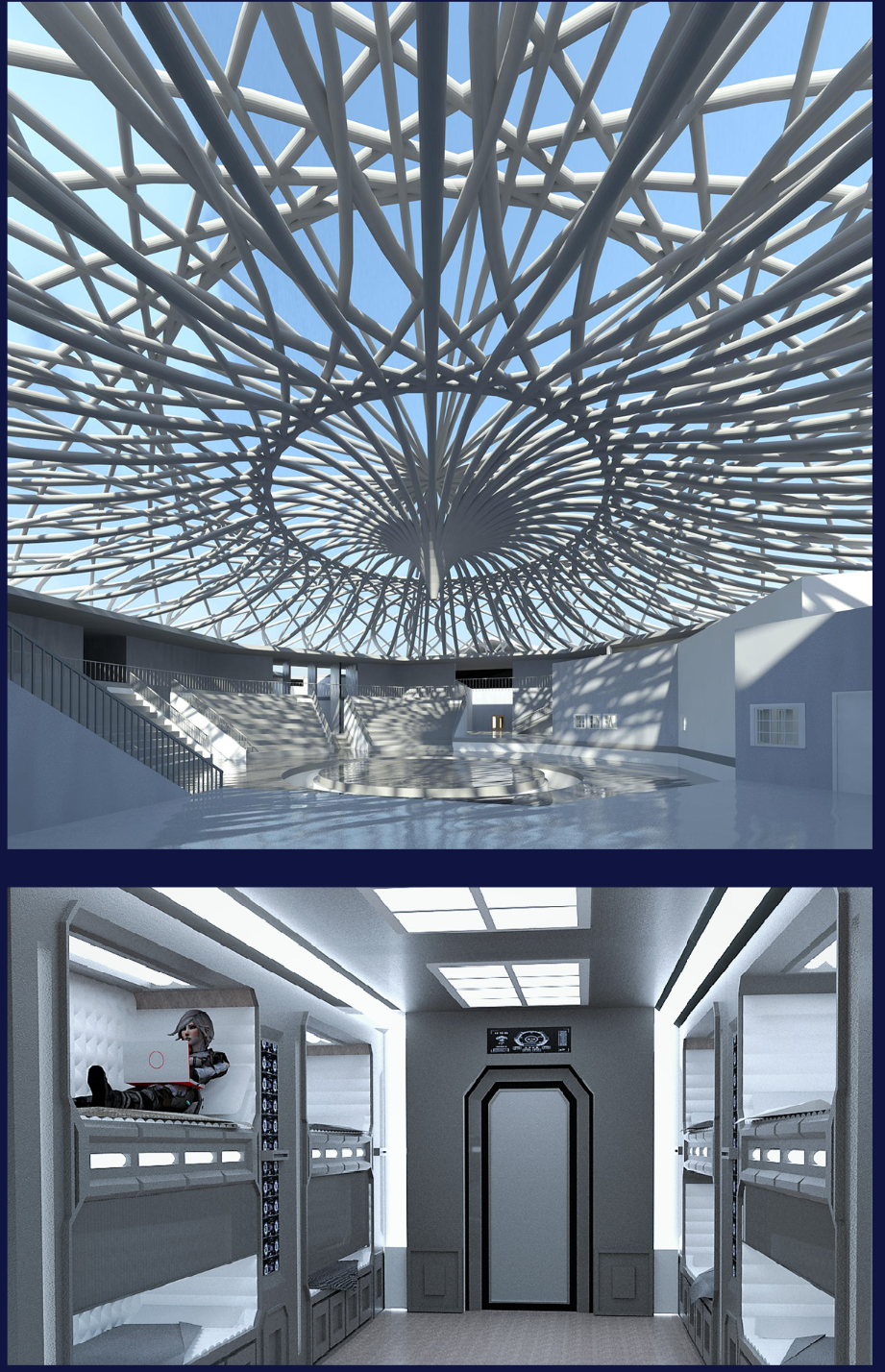 Dynamic interior under a geometric dome and futuristic sleeping pods—blending comfort and spectacle in cyber architecture