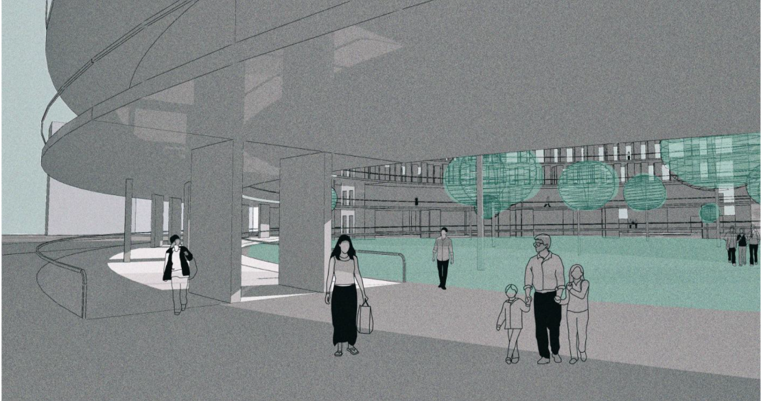 Visitors walk through the accessible memorial park beneath the ascending spiral structure.