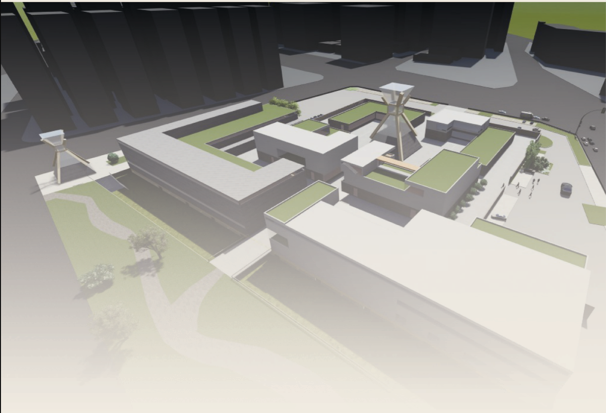A top-down perspective revealing the project's hourglass core and green-roofed funeral complexes.