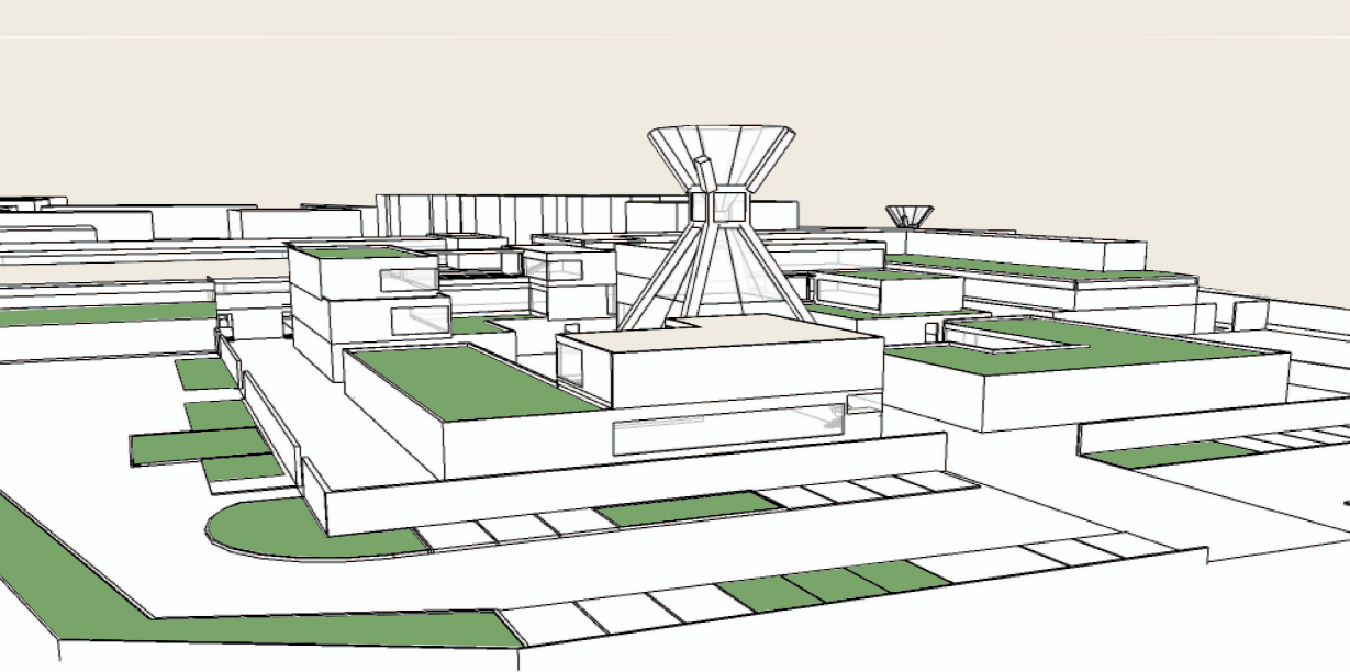 Conceptual drawing highlighting zoning, circulation, and the hourglass-shaped cremation tower.