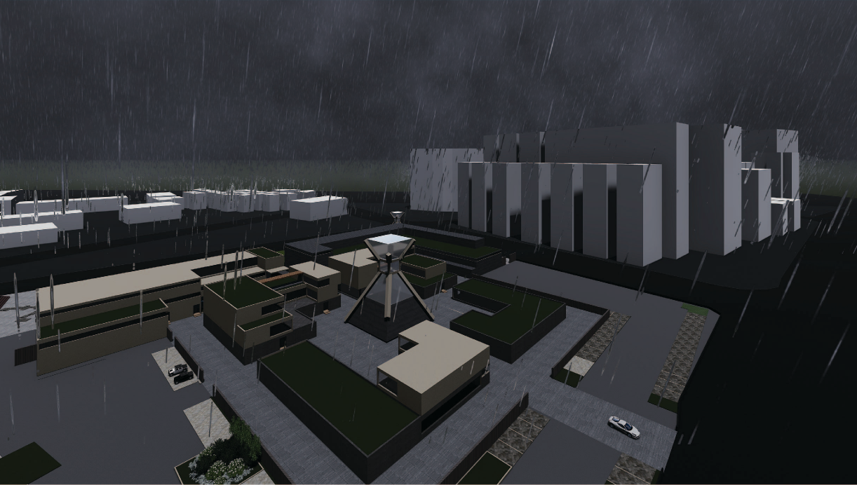 Site integration showing spatial organization, green roofs, and urban adjacency.