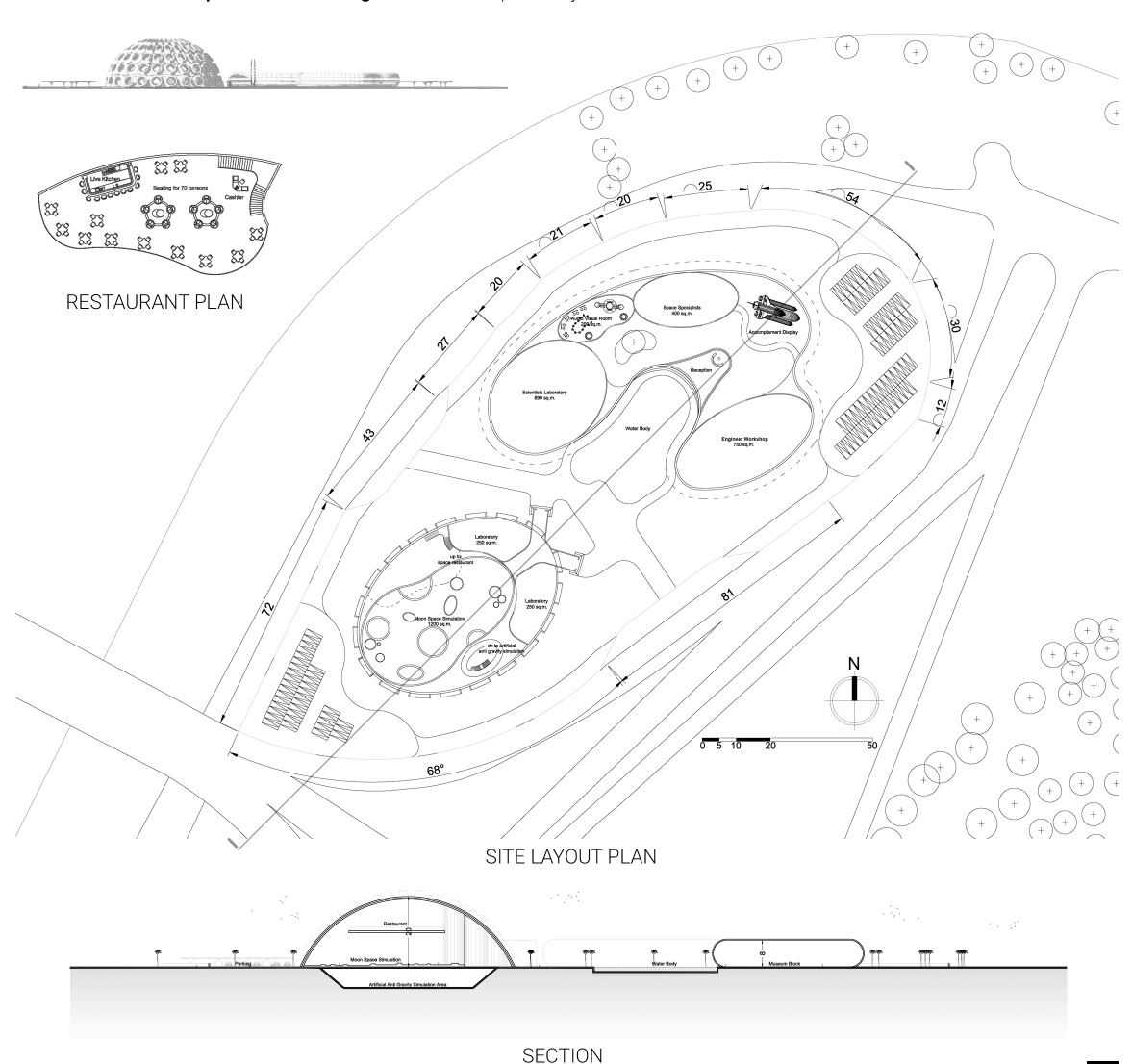 A detailed site plan illustrates the project's interconnected spatial program—engineer labs, simulation domes, and circulation.