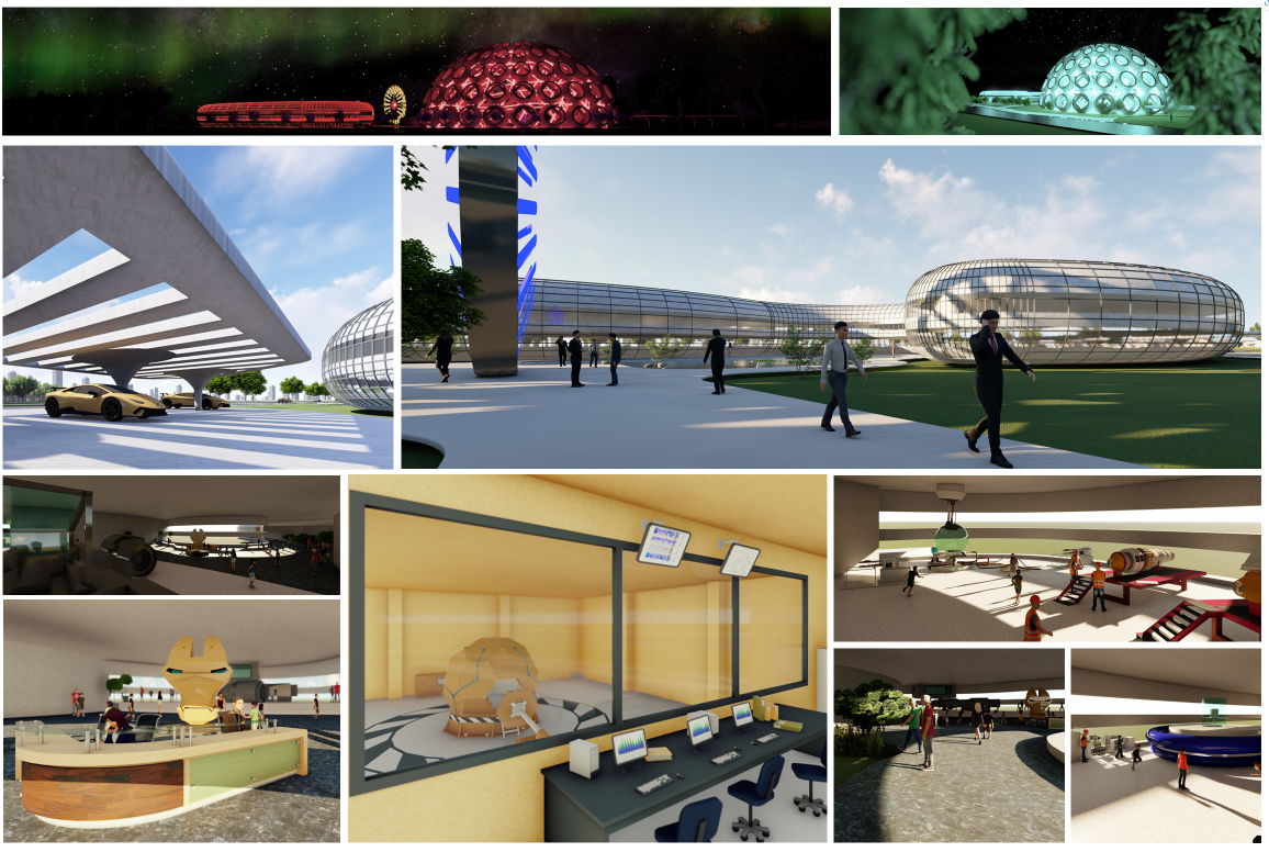 Collage showcasing diverse spatial programs—interactive labs, research pods, simulation setups, and outdoor spaces.