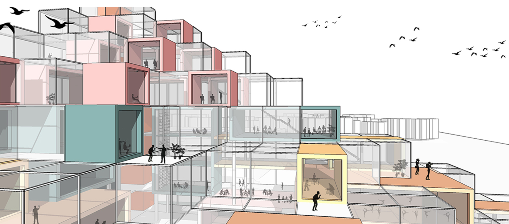 Interlocking cubes form a transparent, adaptive structure that reflects openness and diversity in architectural design.