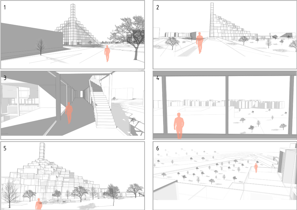 A sequence of spatial views unfolds as users approach, offering a narrative of openness, memory, and forward motion.