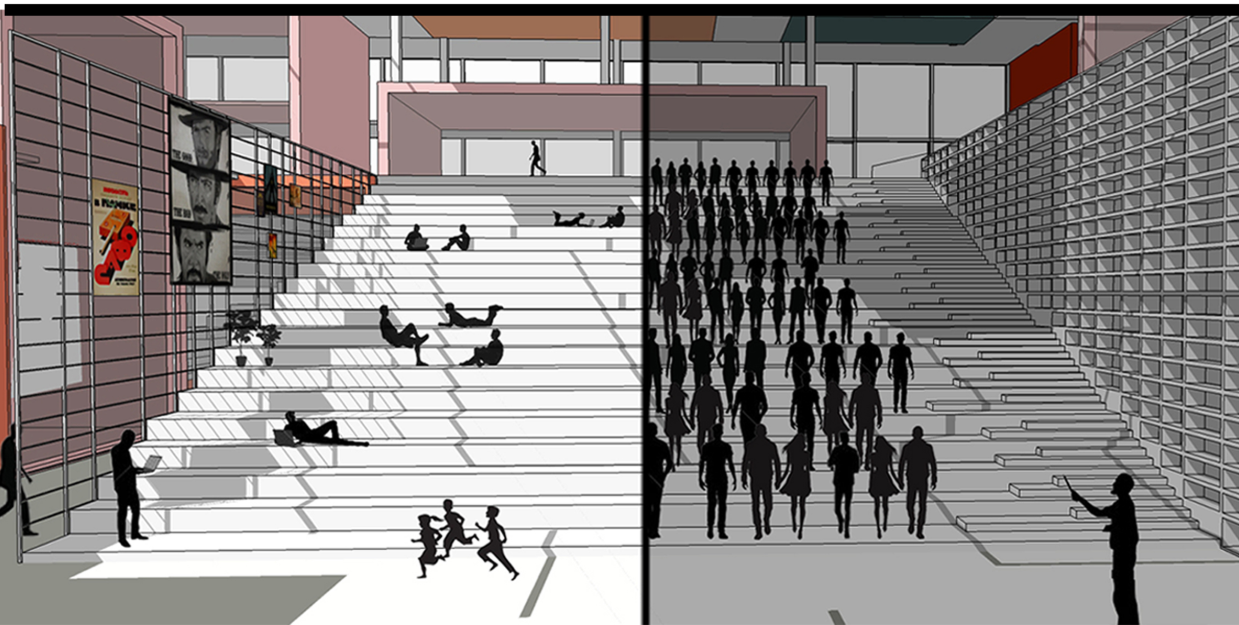 A multi-use stair zone supports both leisure and learning—shifting seamlessly between passive and active engagement.