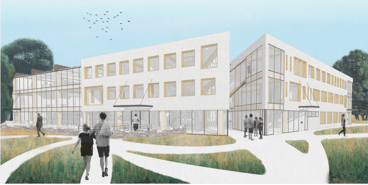 A welcoming entrance framed by pathways and natural landscaping emphasizes the center’s integration with community life.