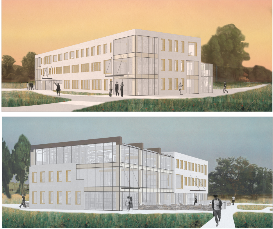 Contrasting daytime and sunset renderings highlight the building’s adaptable, non-institutional character throughout different hours.