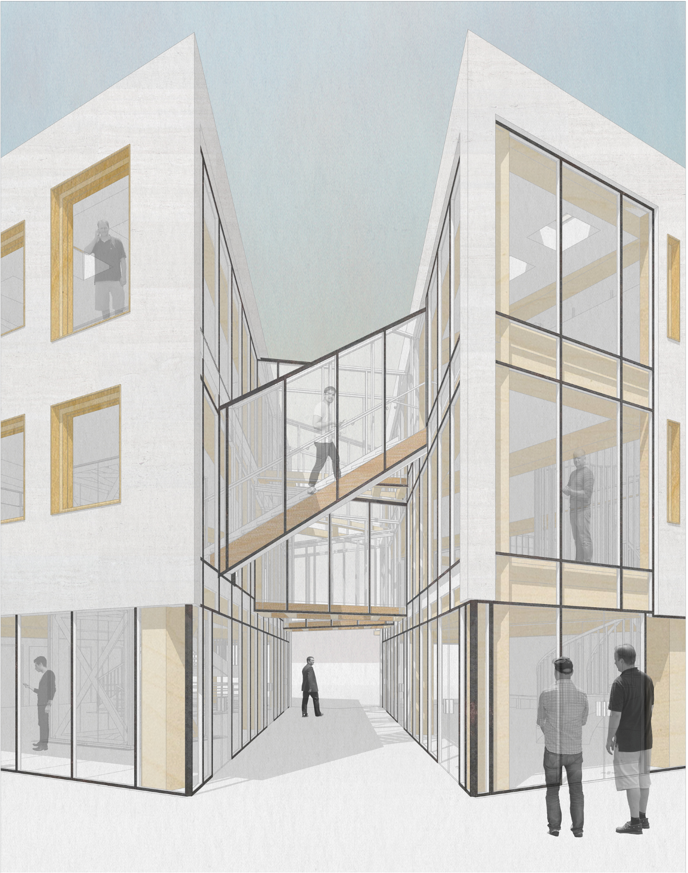 A glazed skybridge connects two wings, promoting openness, transparency, and movement within the therapy-focused environment.