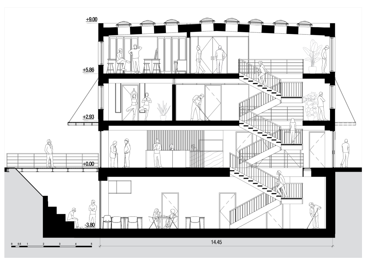 Detailed sectional cut showcasing diverse therapeutic activities and natural light across vertical levels.