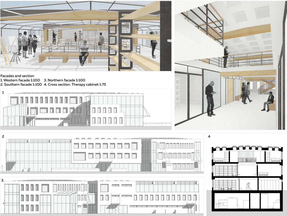 Interior perspectives and facades reflect warm, transparent, and human-scale spaces that support healing and community bonding.