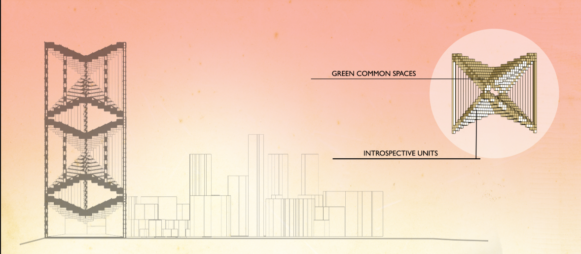 Section revealing vertical zoning: introspective units framed by green communal spaces.