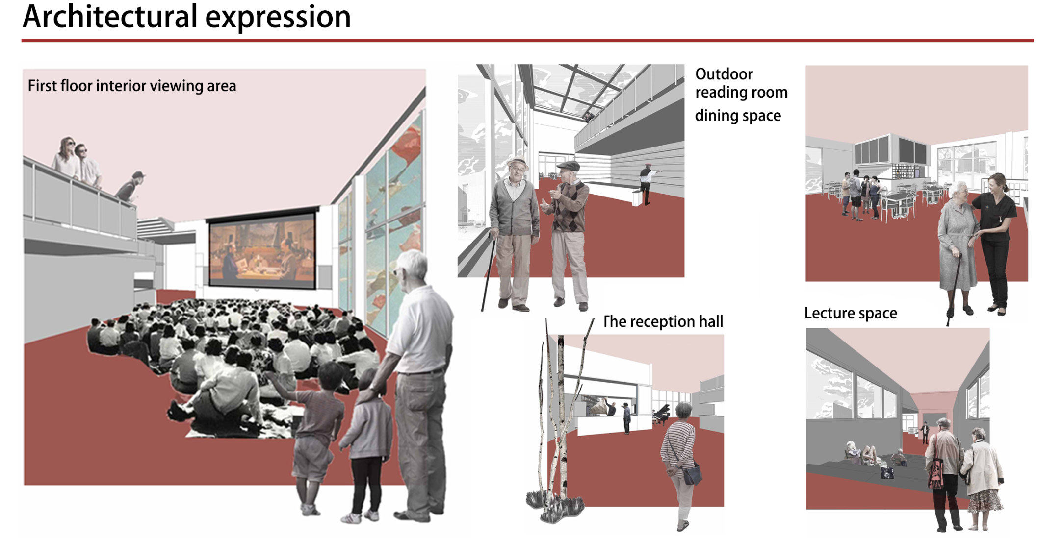 Architectural axonometry and plans showcasing diverse spatial functions—cinema, workshops, and communal areas for all ages.