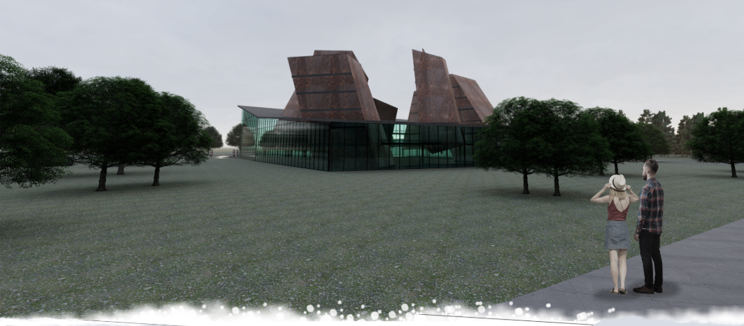 Exterior view of the glass and metal base with angled weathered steel towers rising above the lawn