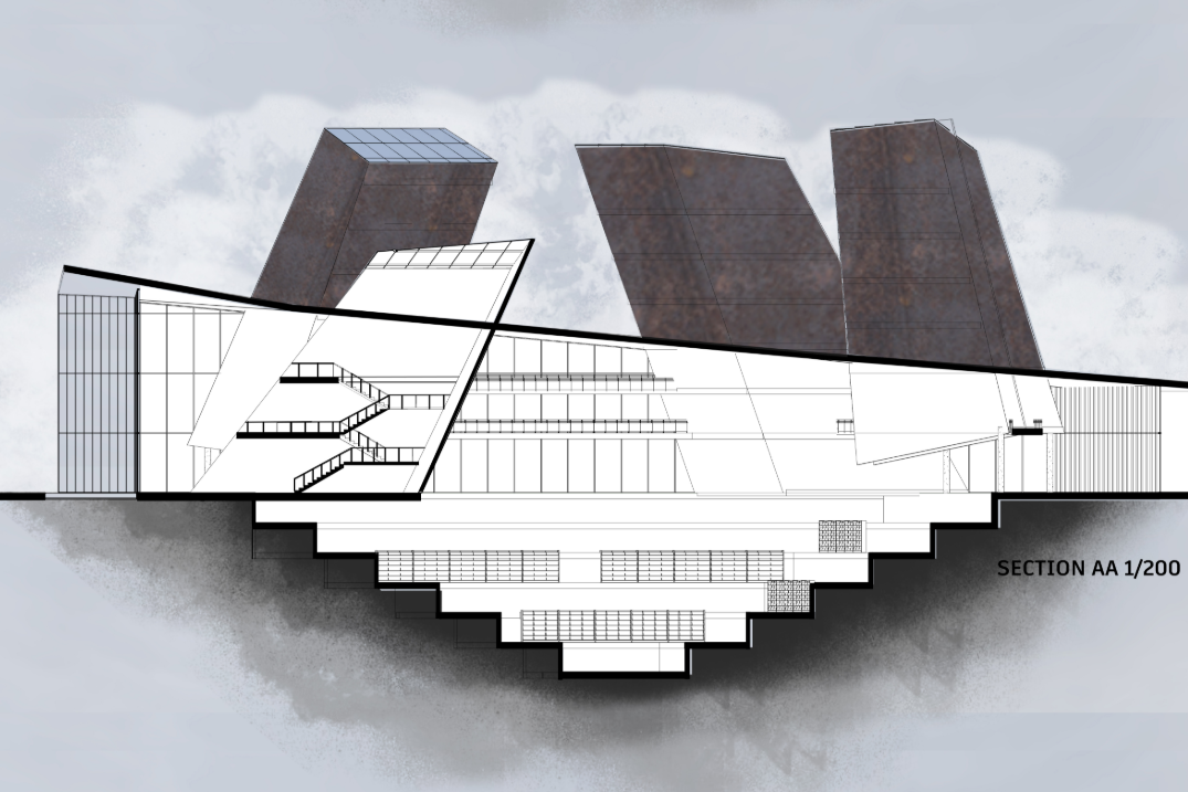Section drawing showing the sunken interior levels beneath the angled towers and glazed pavilion