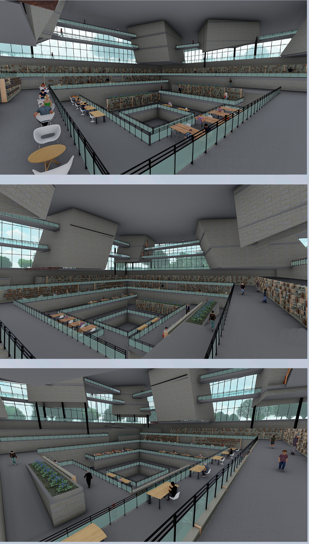 Interior rendering of the library reading hall with glass partitions and overhead clerestory windows