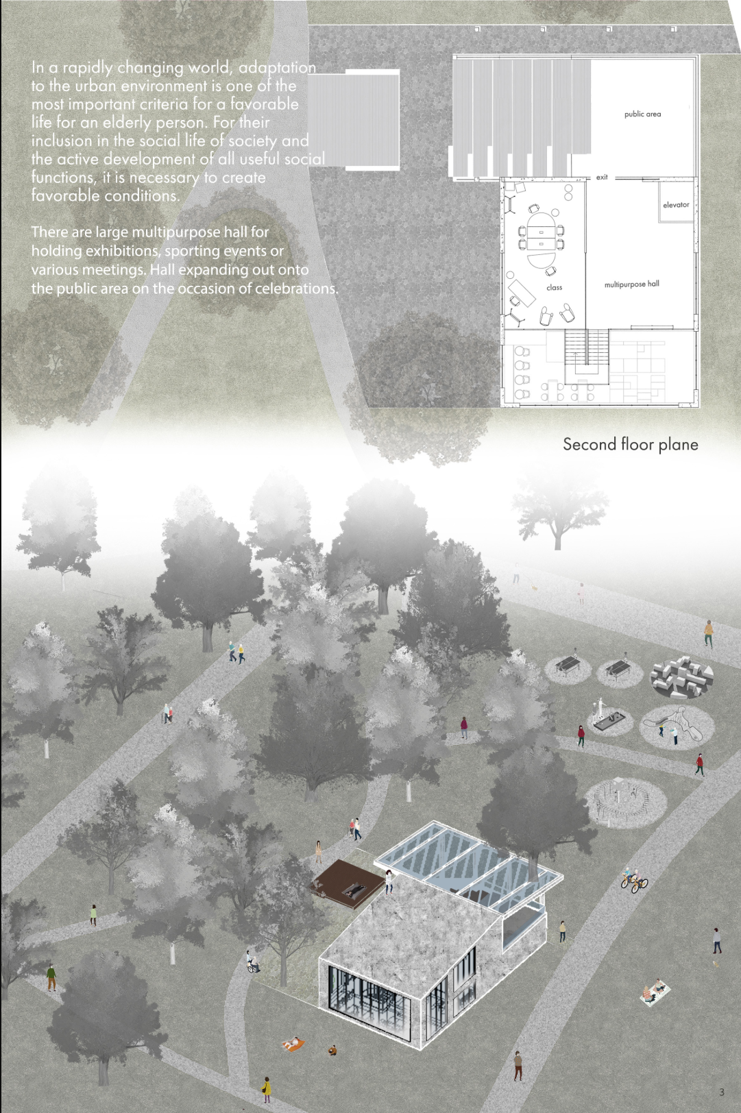 Multipurpose halls and outdoor zones activate the site with celebrations, workshops, and intergenerational interaction in nature.
