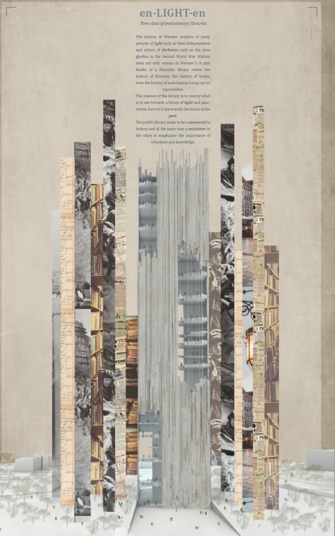 A monumental library tower symbolizing memory and progress through layered historical and architectural textures.