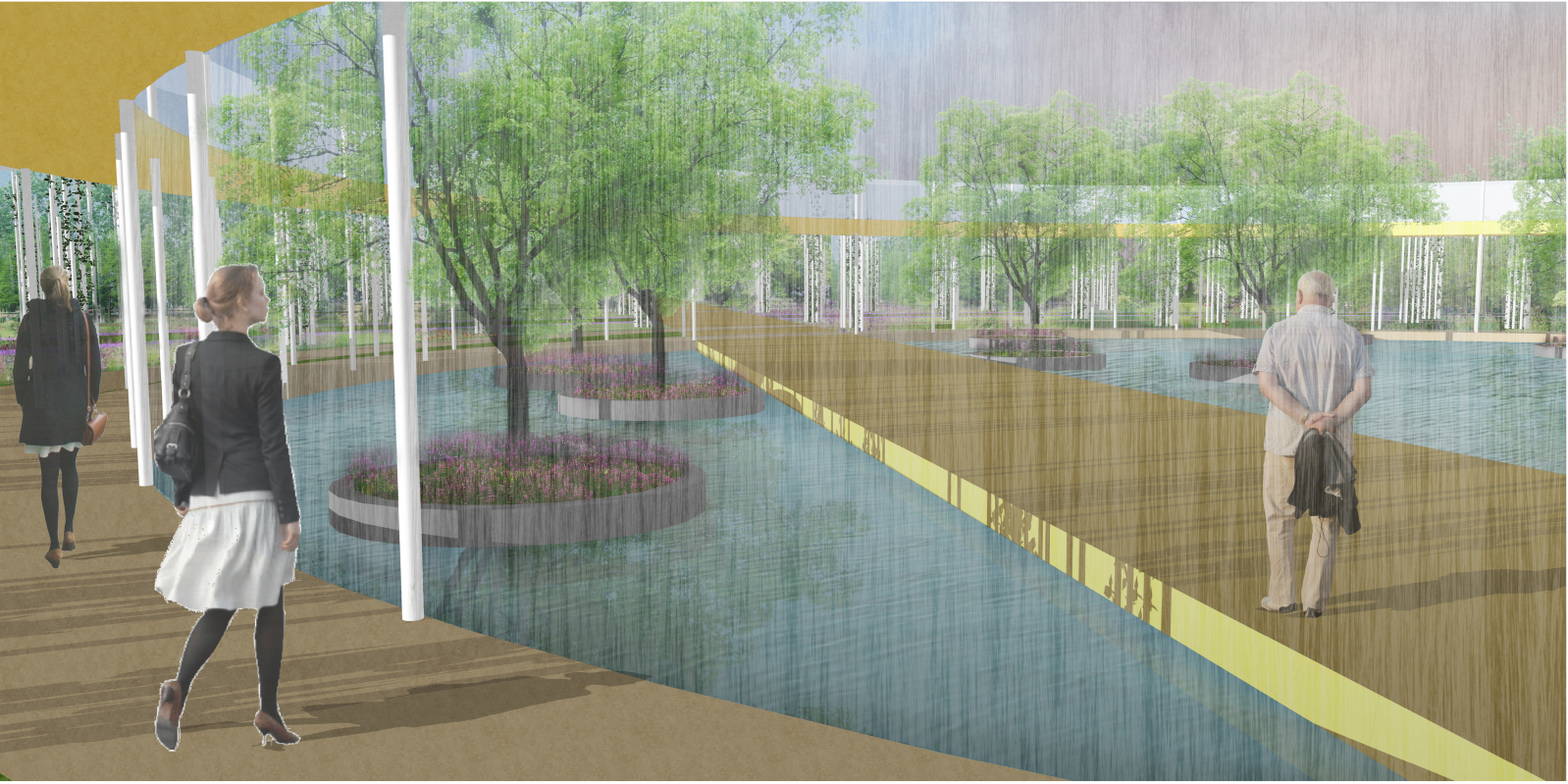 A serene bridge walkway weaves through water and vegetation, inviting quiet reflection in a regenerative memorial landscape.