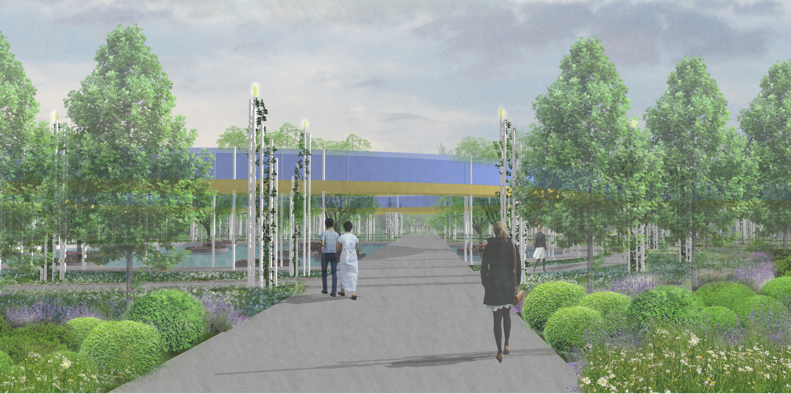 Visitors approach the elevated circular bridge, surrounded by vibrant greenery and symbolic vine-wrapped pikes.