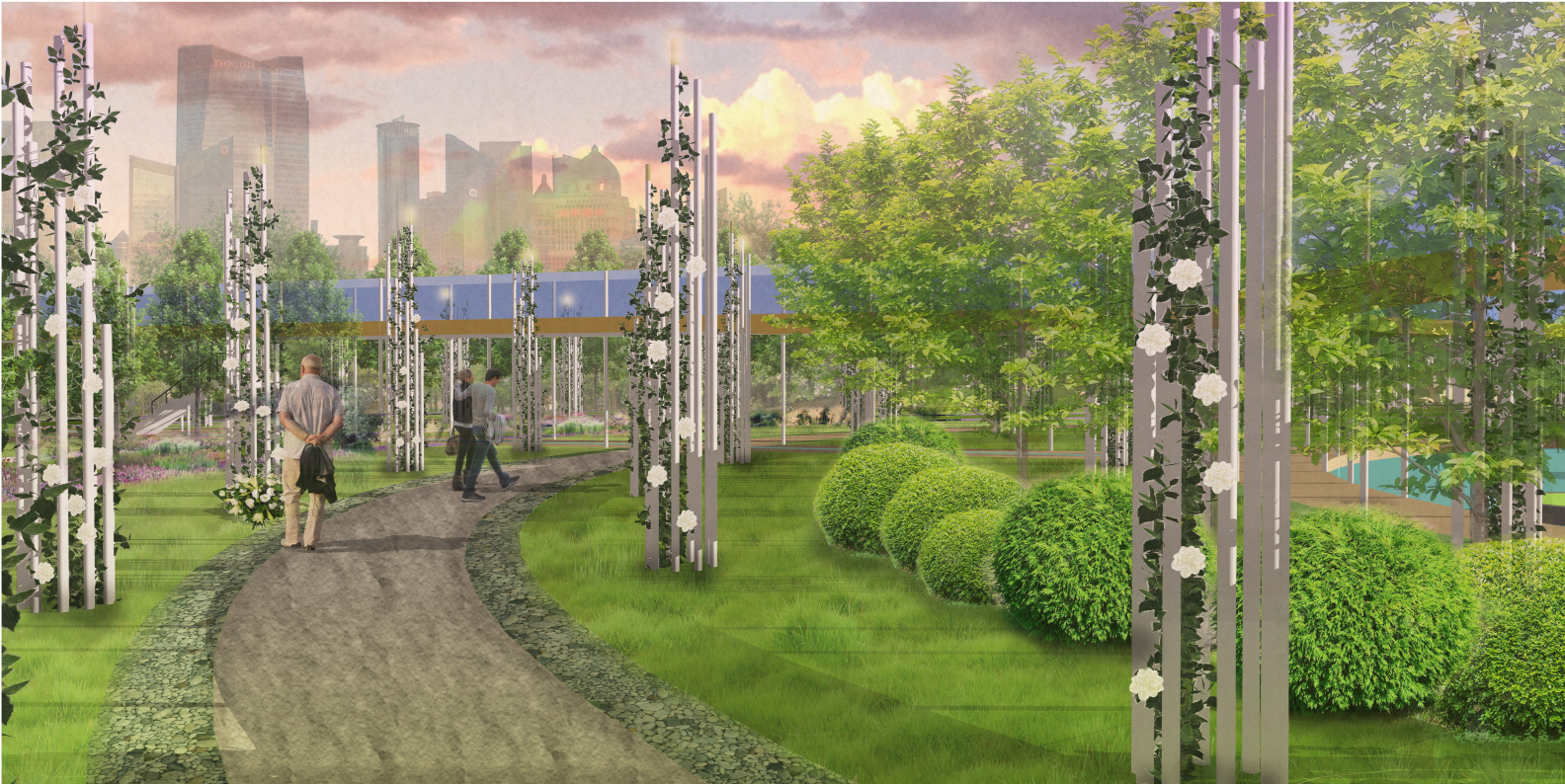 A curving path through blooming greenery and flowering memorial pikes connects the sacred space to the living city beyond.