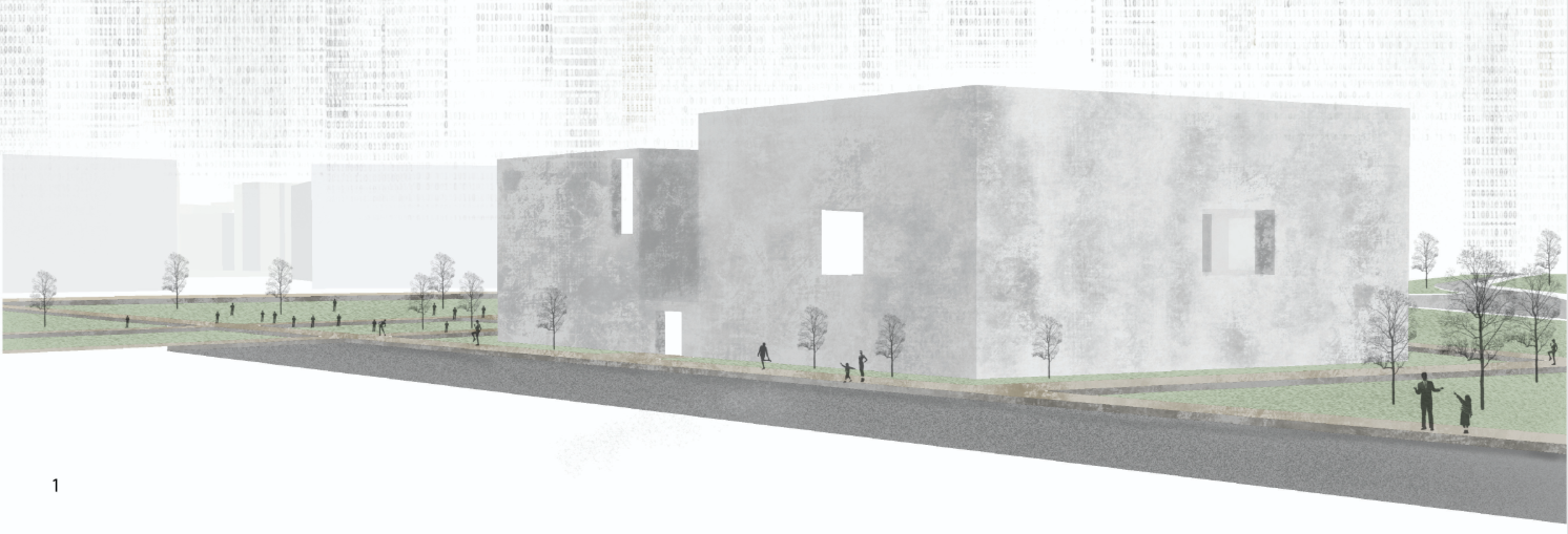 Exterior view of the monolithic library blocks, designed to shield users from digital distractions.