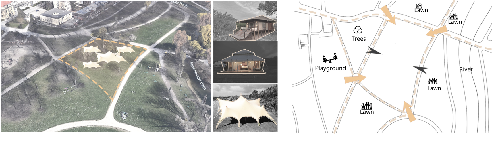 Aerial photograph of green lawn with curved paths alongside elevation sketches and site diagram with trees