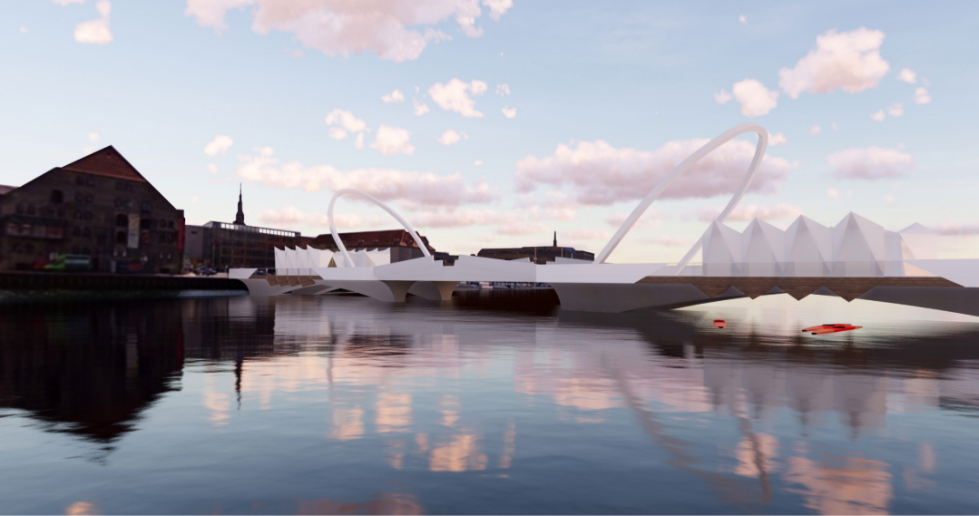 The Shell Bridge integrates sculptural form with urban context, enhancing connectivity through cycling infrastructure.