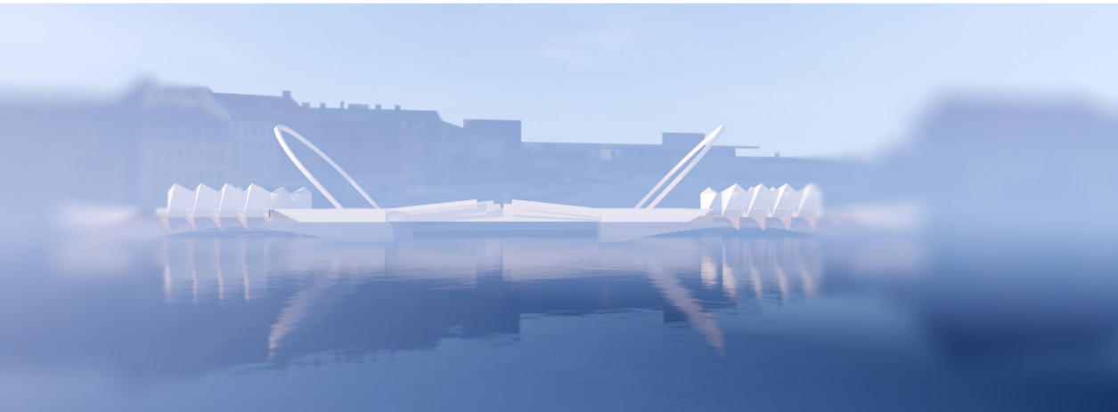 An atmospheric perspective highlights the bridge’s iconic geometry and openable span over Copenhagen’s waterways.