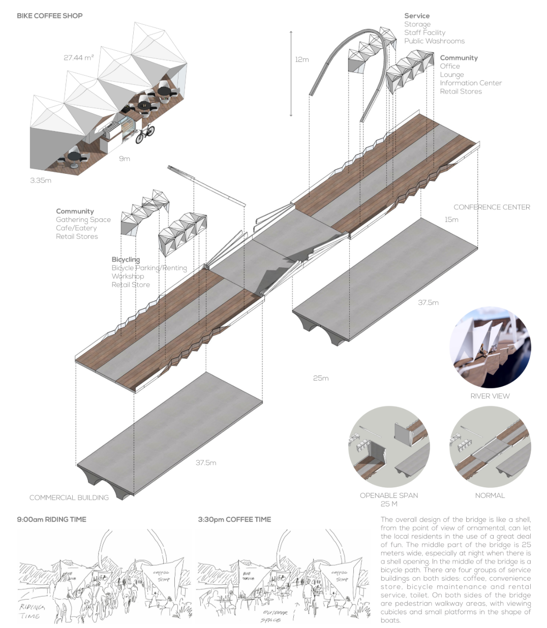 Functional diagram revealing bike lanes, commercial hubs, and pedestrian spaces within the shell-inspired design.