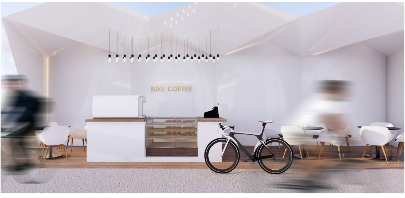 Minimalist café pod along the bridge offers a rest stop for cyclists, blending urban rhythm with social pause.