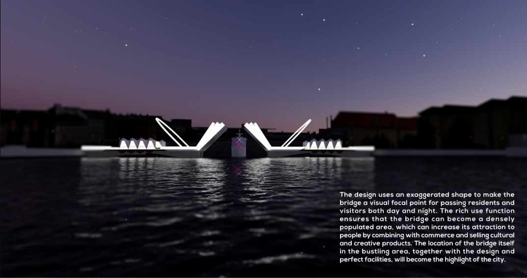 At night, the bridge transforms into a luminous urban landmark with dynamic form and commercial vibrancy.