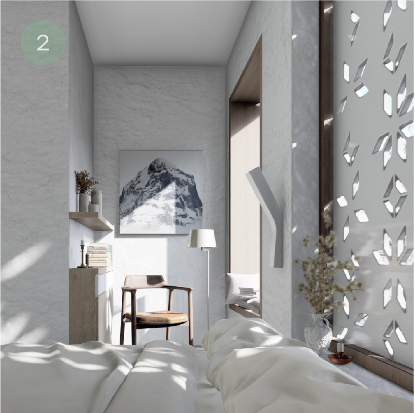 Interior view of bedroom with perforated screen casting leaf-shaped shadows on white bedding and concrete walls