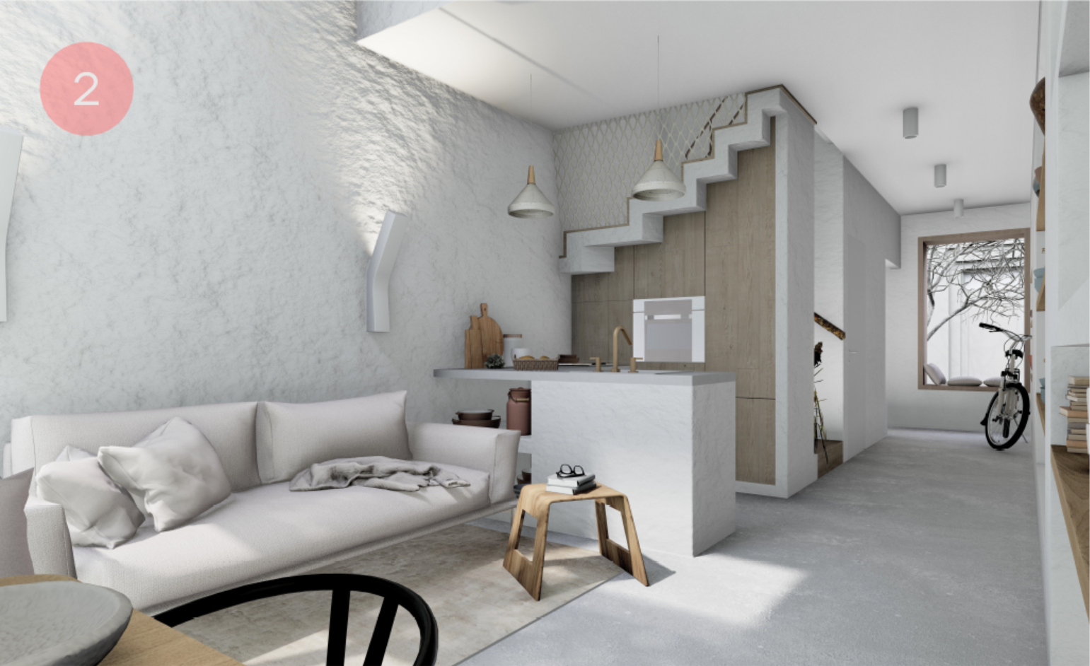 Open-plan living area with floating staircase, white kitchen island, and concrete floor in daylight